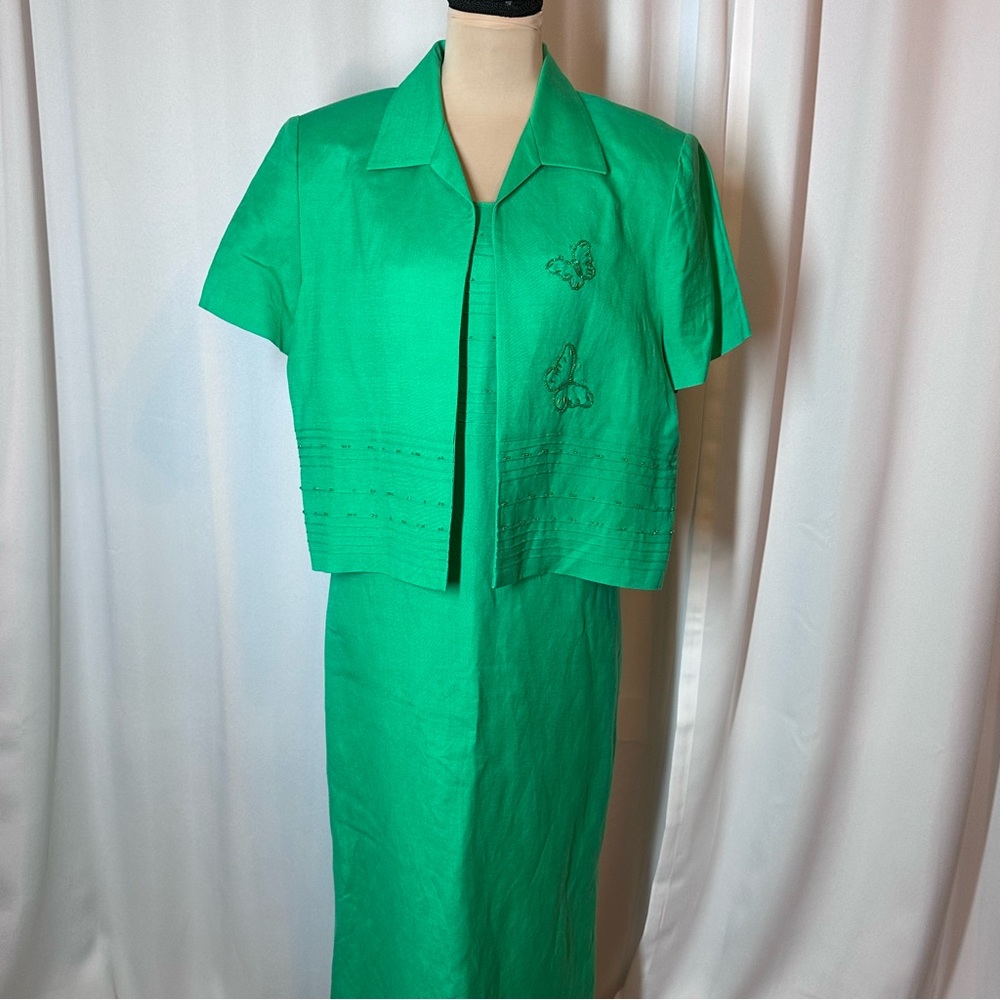 Jessica Howard Dress & Jacket Set Sz 14P Maxi Linen Lined Beaded Butterflies EUC
